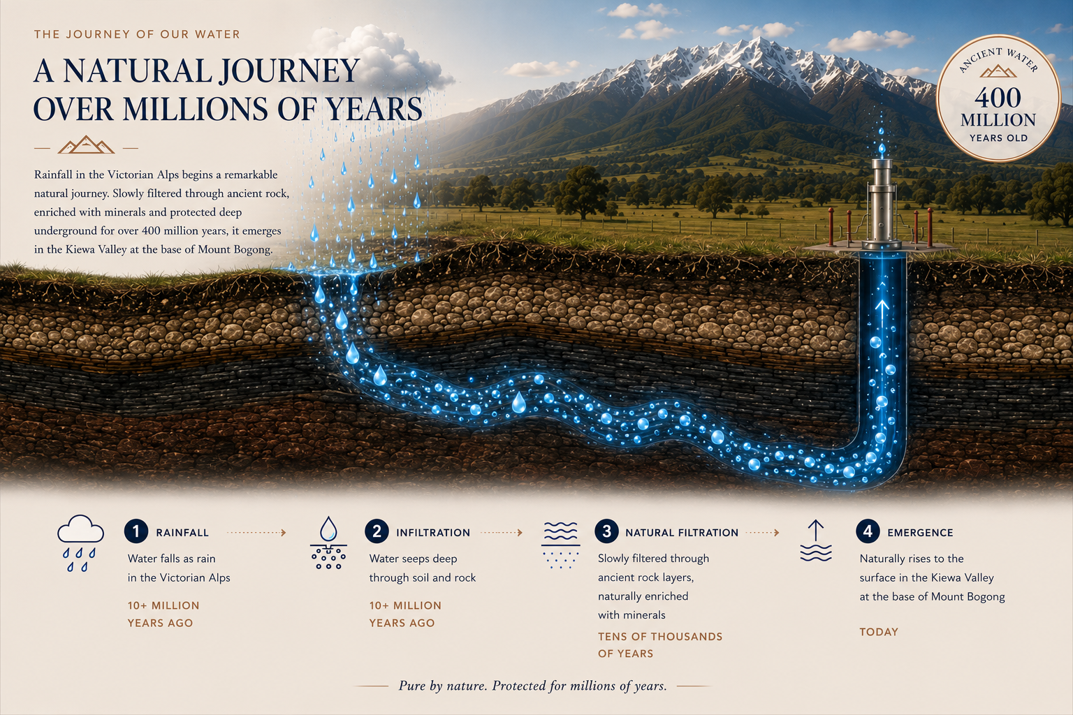 The journey of Three Valleys water from rainfall in the Victorian Alps, through underground aquifer layers, then rising through a bore in the Kiewa Valley.