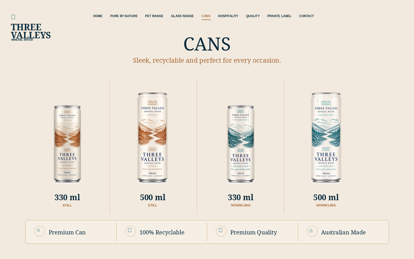 Cans page design for Three Valleys Mineral Water