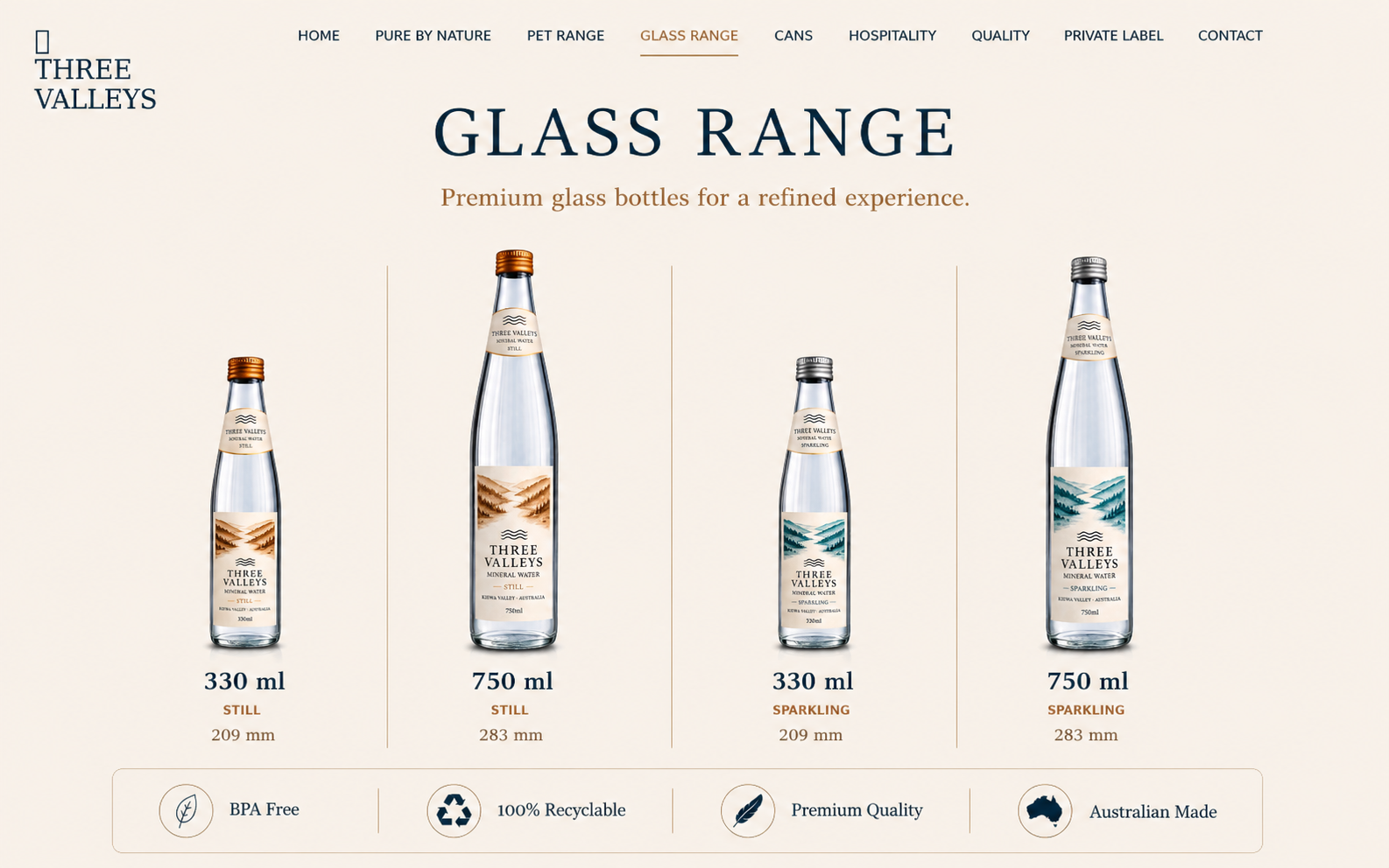 Glass Range page design for Three Valleys Mineral Water