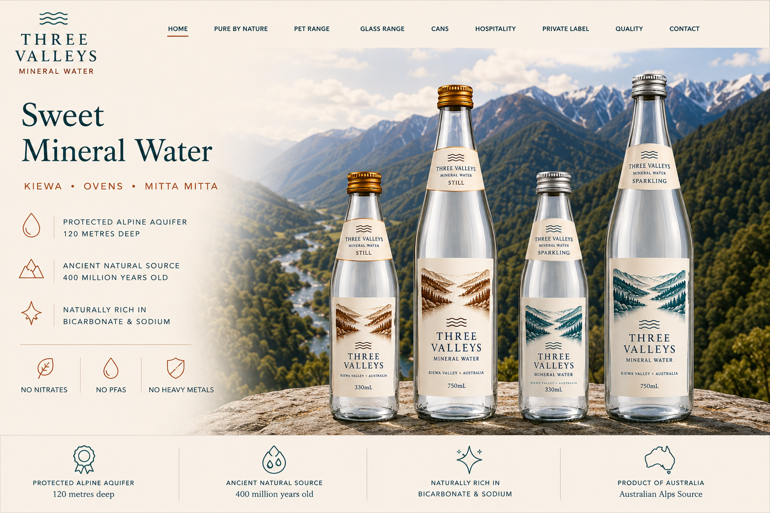 Home page design for Three Valleys Mineral Water